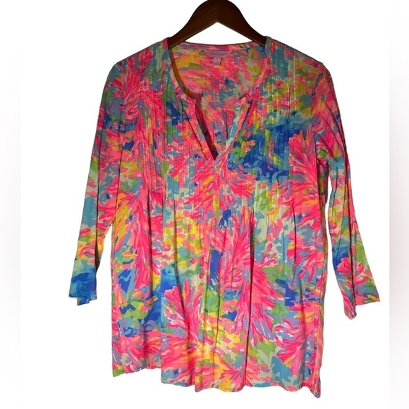 Lilly Pulitzer Women's Daylen Tunic Small Multi Palm Beach Coral Blouse Floral - Picture 2 of 12
